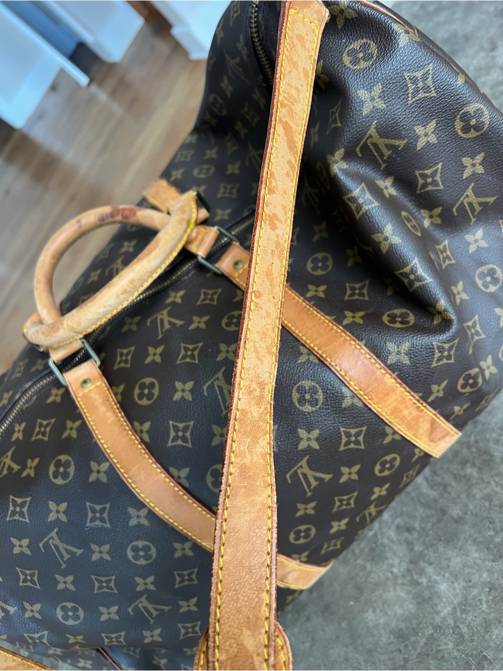 Louis Vuitton Brown Monogram Travel Duffel with Tan Leather Trim - Picture 2 of 7